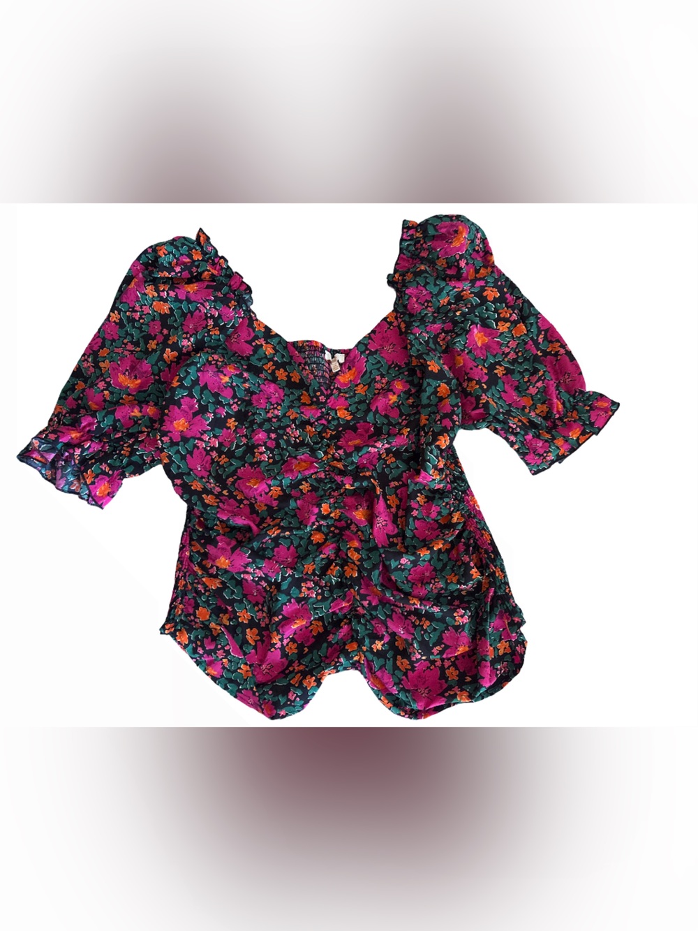 Source Unknown Black Floral Ruffle Sleeve Blouse with Pink & Green Accents